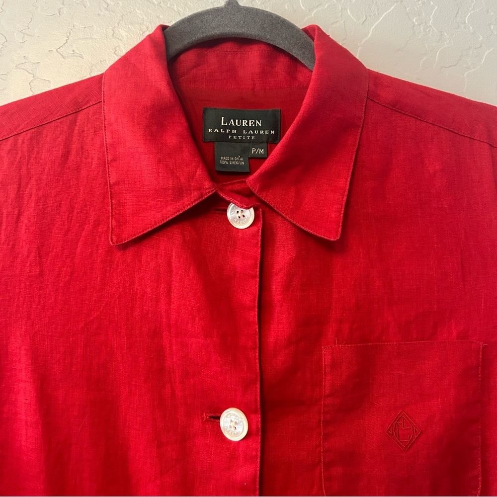Lauren Ralph Lauren petite red linen long sleeve button down blouse size medium - Picture 3 of 16
